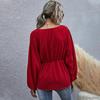 Women Spring Summer Casual Blouse Top Shirt V-Neck Long Puff Sleeve Slim Chiffon Solid Red S M L XL