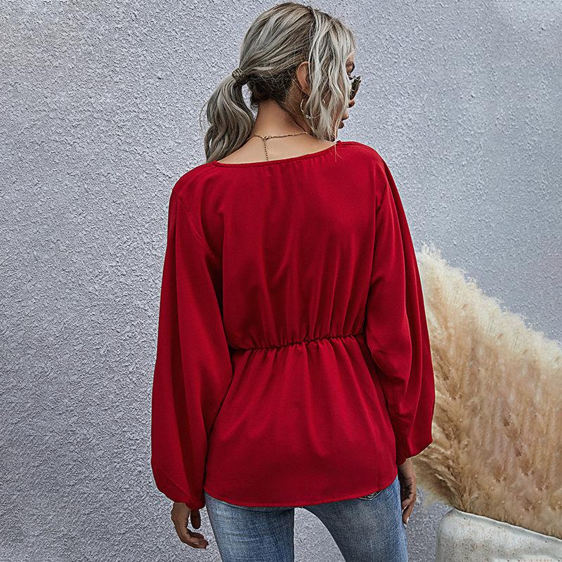 Women Spring Summer Casual Blouse Top Shirt V-Neck Long Puff Sleeve Slim Chiffon Solid Red S M L XL
