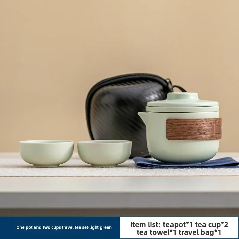 Ceramic Travel Tea Set Portable Quick Cup One Pot Two Cups for Outdoor Camping Three-piece Set