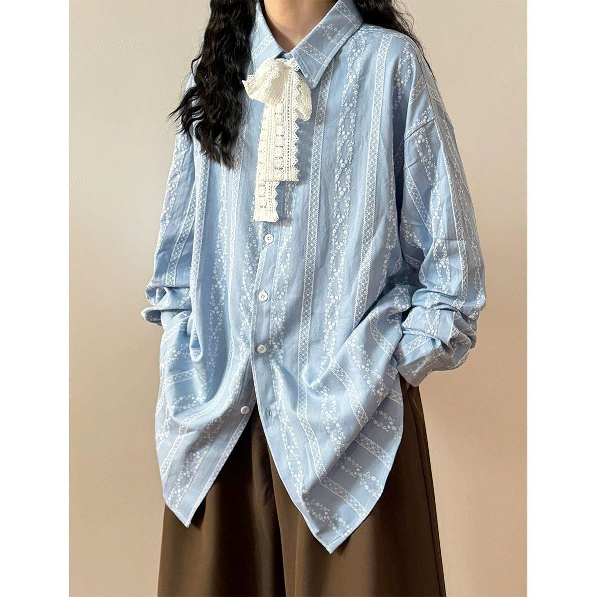 Japanese Retro Striped Jacquard Lace Collar Tie Shirt for Women - Spring/Autumn Casual Loose Top S [80-95 lbs]