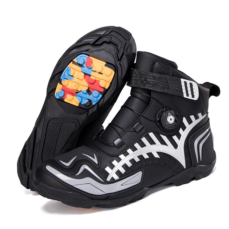 Unisex Leather Motorcycle Boots Large Size Rotation Button Anti -slip Anti -collision Competition Riding Shoes