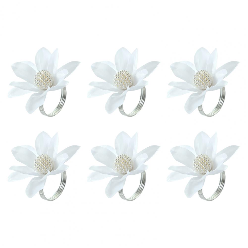 6Pcs White Lotus Napkin Rings, Chiffon Flower Metal Ring Holders, Faux Pearl Design For Wedding Bridal Shower Table Decor