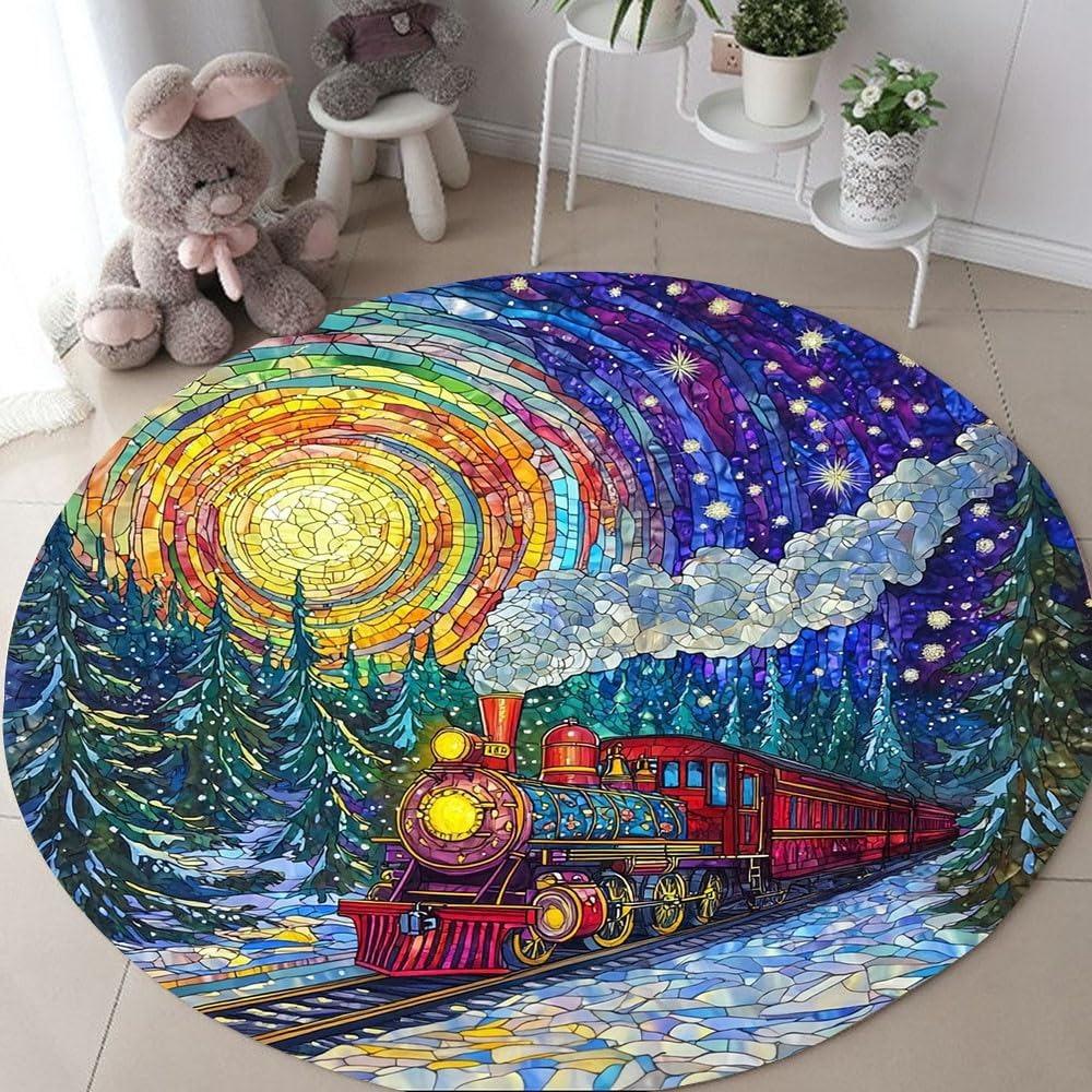 Colorful Mosaic Starry Sky Train Round Carpet Golden Sun Red Locomotive Forest Print Mat Dreamy Dazzling Glass Design Decor Rug