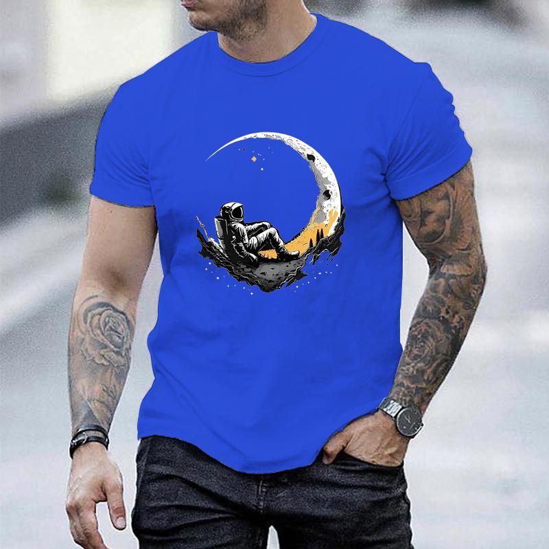 Men's Summer Fashionable Casual Loose Plus Size Landing Moon Pattern Printed Sports Round Neck Short Sleeved T-shirt