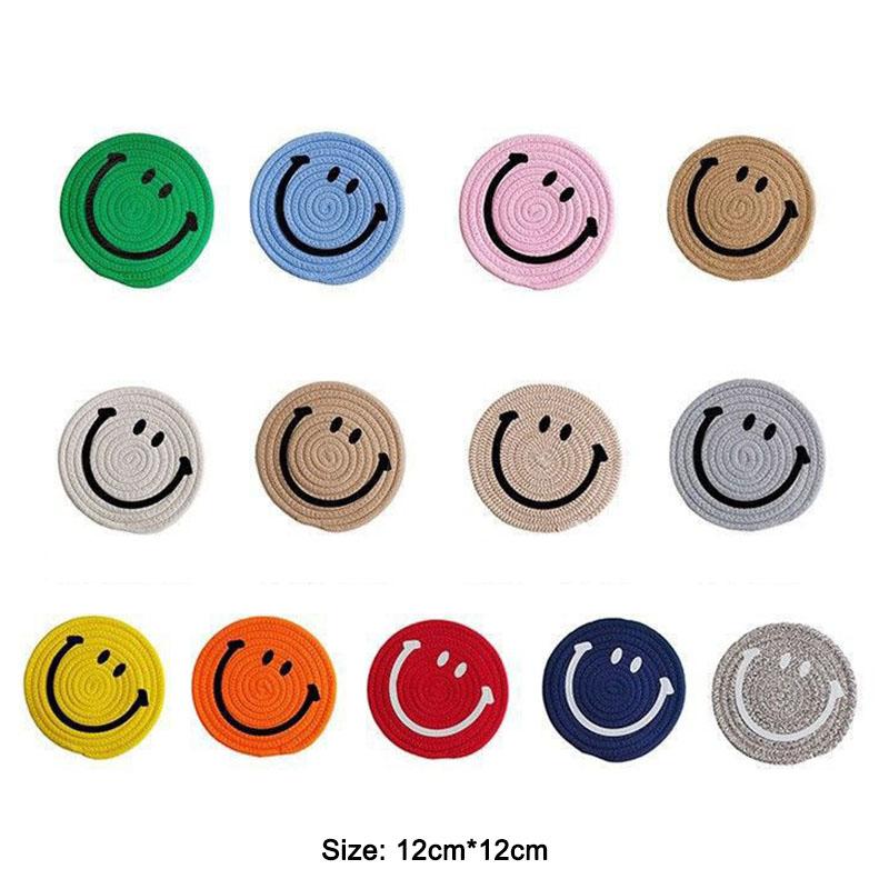 Smiling Face Round Mat Woven Ramie Placemats Anti Slip Dining Table Mats Non-Slip Tableware Bowl Pads Kitchen Drink Cup Coasters