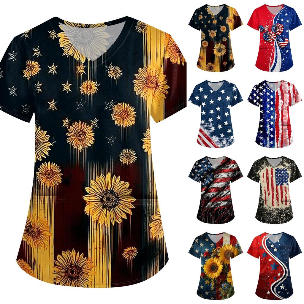 Women's Patriotic Print V-Neck Short Sleeve Scrub Top with Pockets Loose Fit