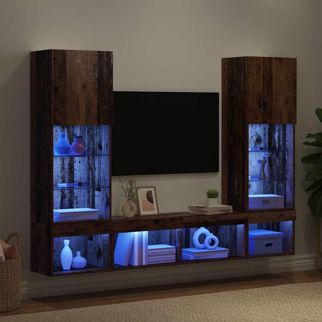TV-Wandmöbel mit LED-Beleuchtung 5 Stück Spanplatte mit Altholz-Effekt