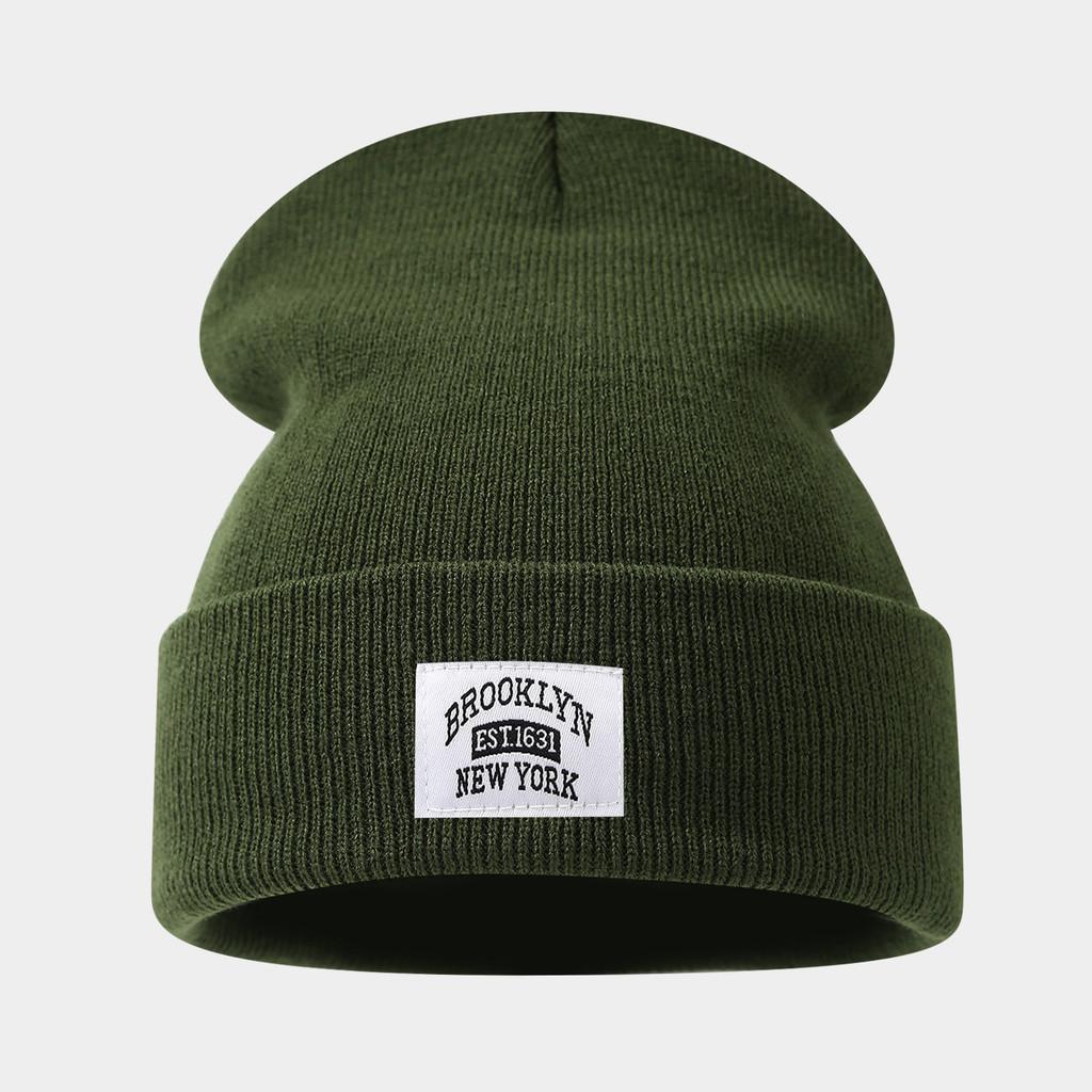 Brooklyn Beanie Cap With Embroidered Letters Unisex Cold Weather Cozy Headwear ArmyGreen