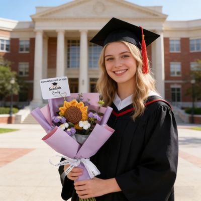 Crochet Graduation Theme Bouquet Handmade Artificial Sunflower Puff Flower Bouquet with Doll 2026 Grad Party Gifts for Graduation Birthday Home Decor