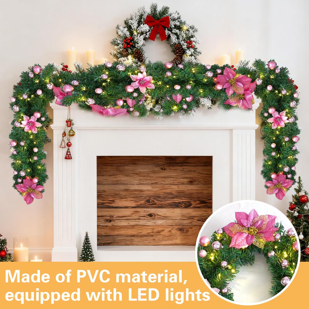 2.7M Christmas Decoration Rattan Christmas Garland Wreath for Mantel Stairs Home Indoor Outdoor Decor
