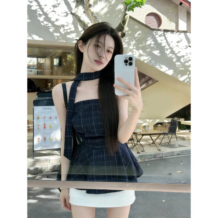 Plaid blue tube top suspender vest women's summer new pure lust Spice Girl sleeveless T-shirt top ins