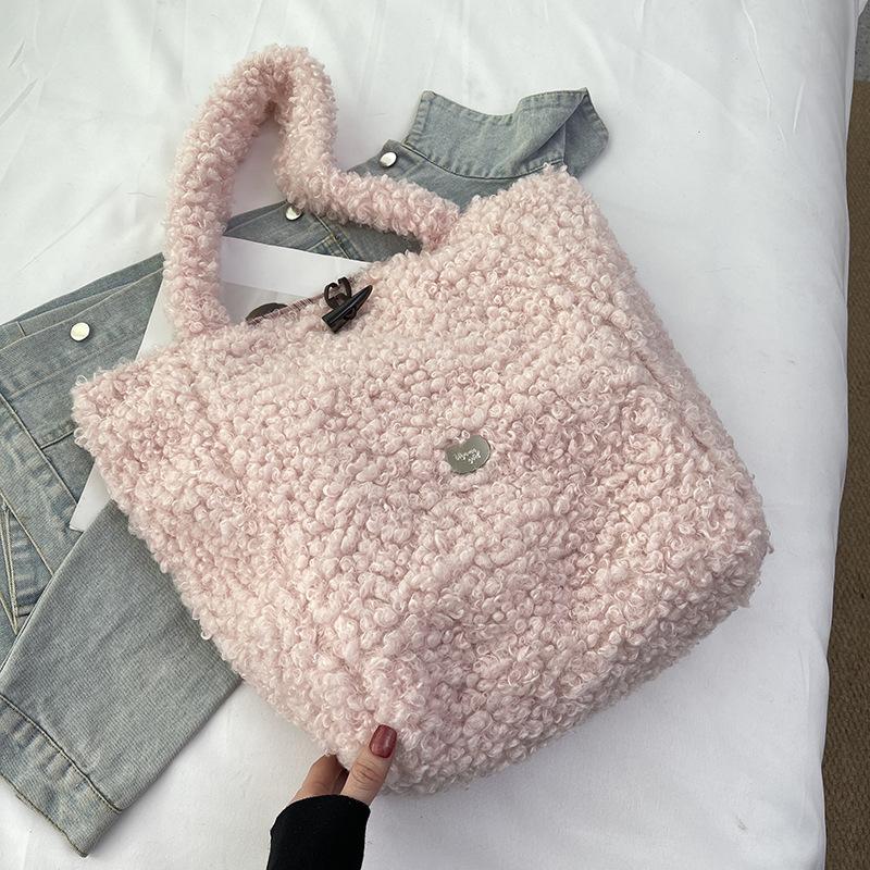 Зимняя Новая Повседневная Плюшевая Девушка Большая Вместимость Студенческий Класс Женская Сумка на Плечо розовый