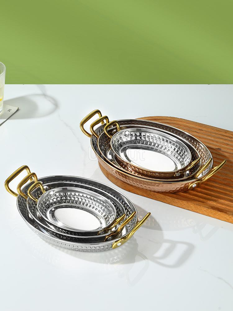 Ele Ovale Bœuf rond Acier Inoxydable 304 Double Oreille Di frites Cuisine Occidentale Salade de Pâtes Steak Fruits de Mer Plat à sauce pour steak de bœuf