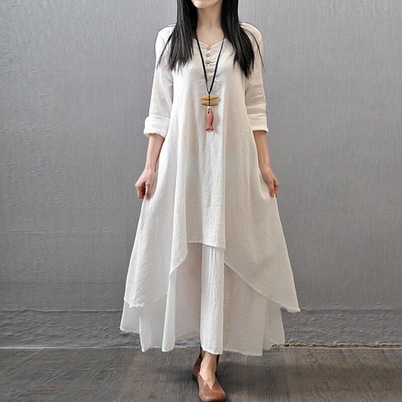 Muslim Women Linen Cotton Shirt Dress Abaya Long Sleeve Kaftan Dress Irregular Design Dress Casual Loose Baggy Maxi Dress Robe Plus Size M-5XL