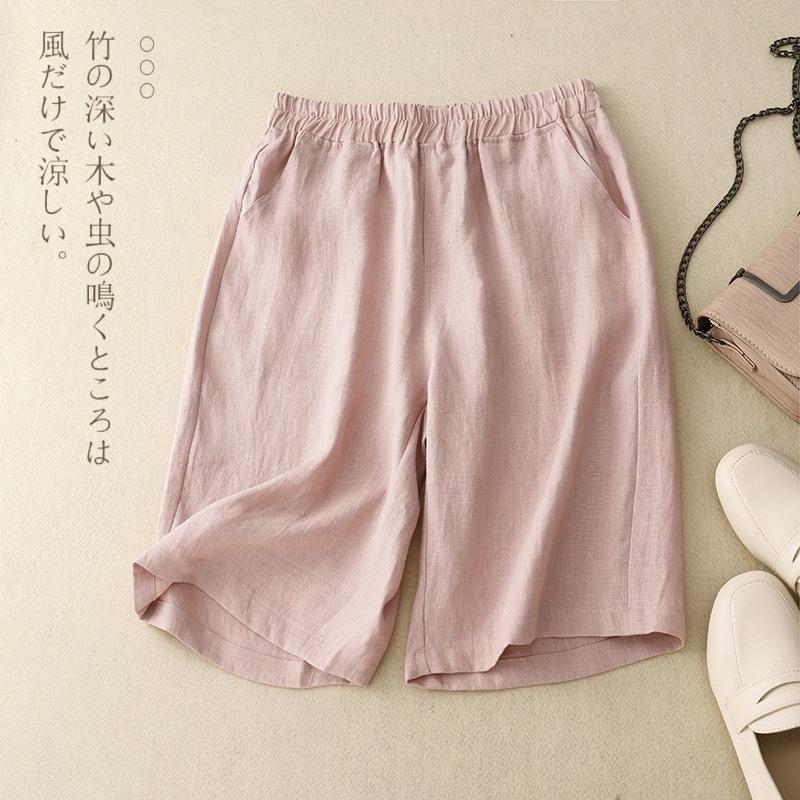 Solid color cotton and linen five-point wide-leg pants women's 2025 summer new literary and retro elastic waist temperament casual shorts
