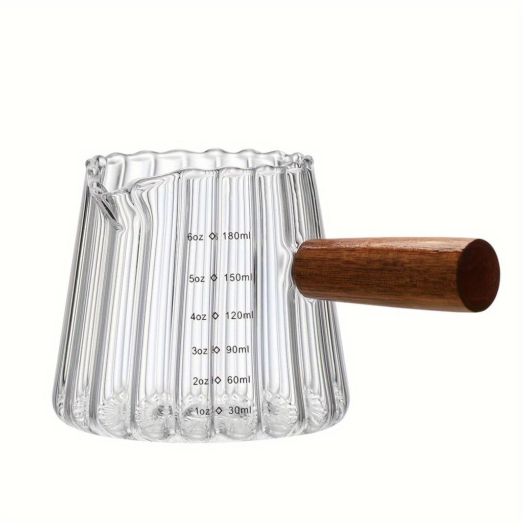 1pc Italian Style Glass Coffee Cup & Scaled Milk Jug,180ml Reusable Insulated Borosilicate Glass with Wooden Handle | Multipurpose for Coffee/Tea