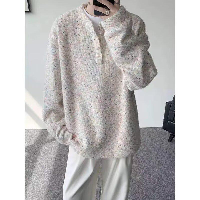 Men s Vintage Color Block Henley Knit Sweatshirt - Autumn Retro Style Sweater Jacket XL