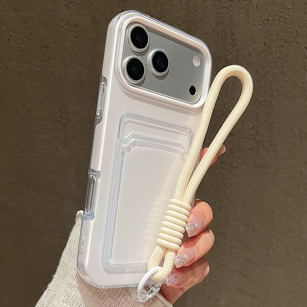 Candy Color Card Slot Bag Holder Phone Case For iPhone 17 16 15 14 13 12 11Pro Max Air Wrist Strap Shockproof Cover With Lanyard