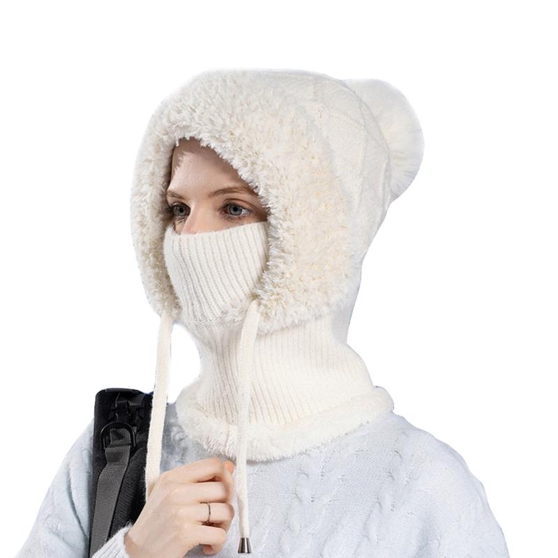 2in1 Winter Warm Ear Flap Scarf Hat Women Knit Hooded Balaclava Hat with Plush Liner Outdoor Activity Pullover Skull Hat