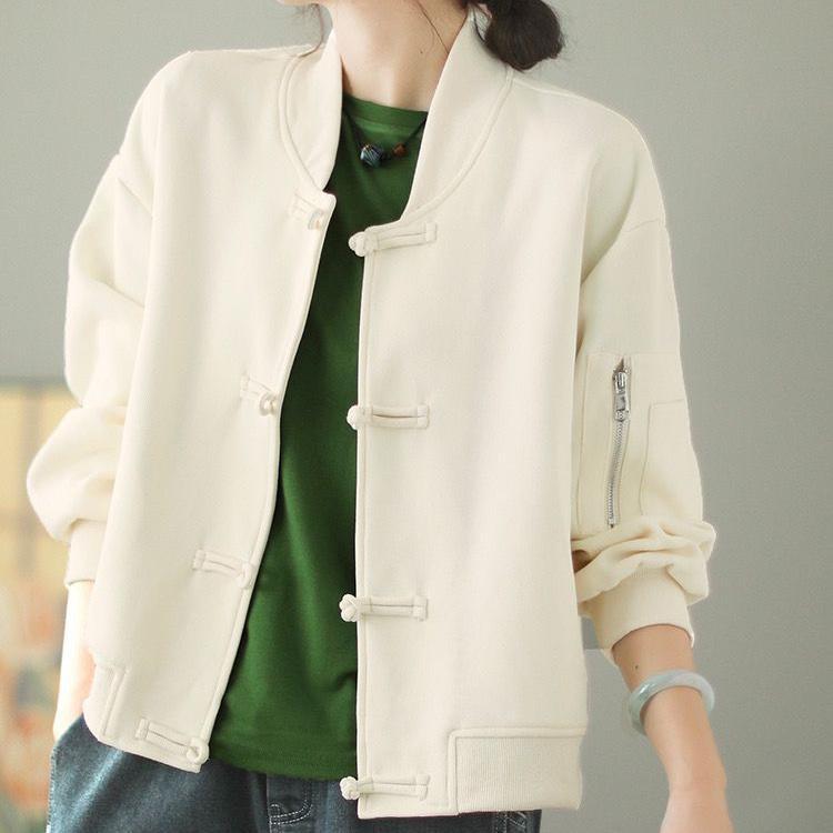 

Повседневная куртка в китайском стиле с пряжкой в стиле ретро для женщин, художественная короткая свободная бейсбольная куртка большого размера, кардиган M абрикосовый