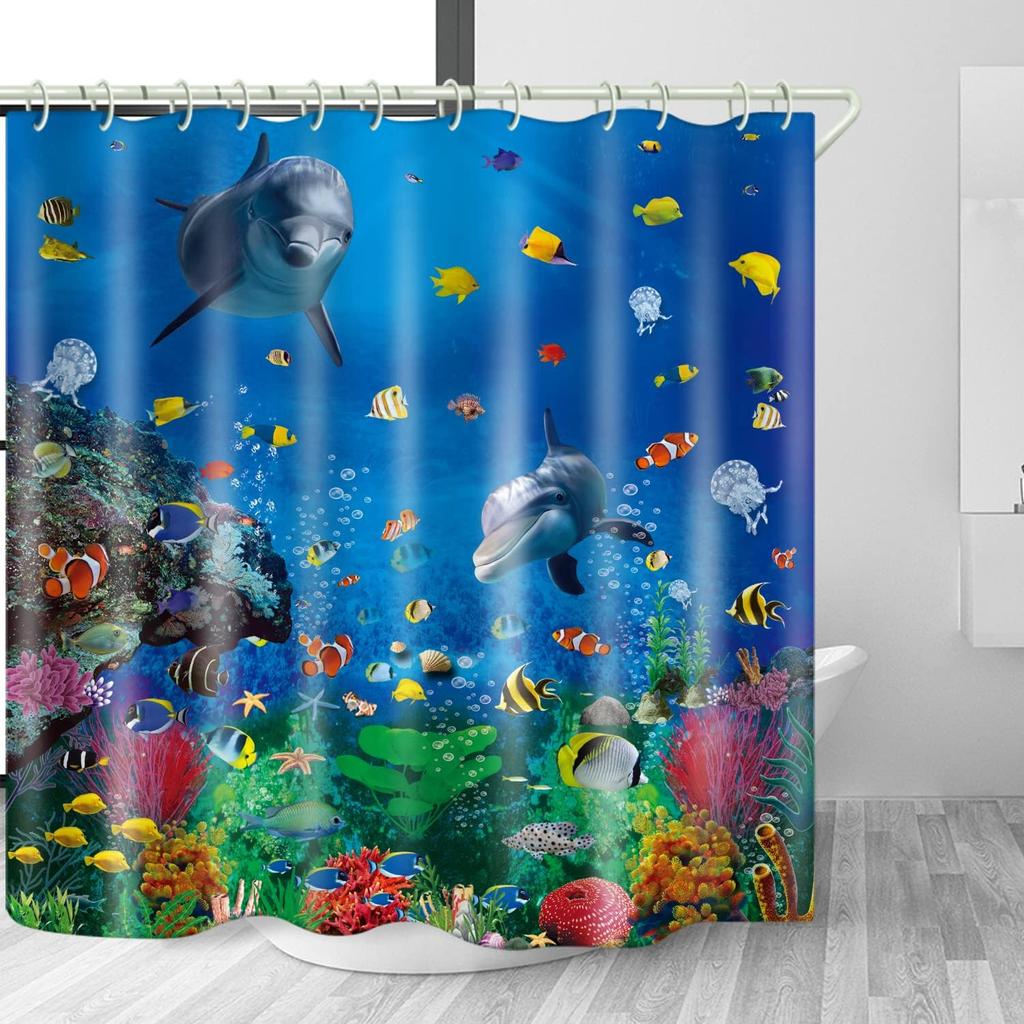 Bathroom Underwater World 3D Shower Curtain, Deluxe Standard Bathtub Shower Curtain, Waterproof Washable Fabric Shower Curtain, with 12 White Hooks,
