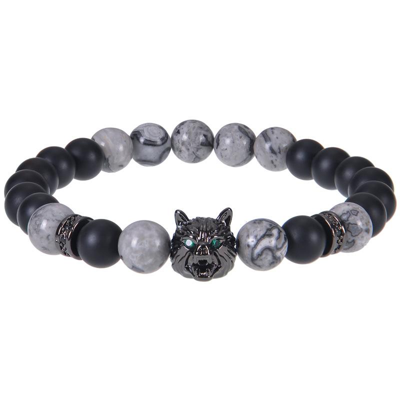 Wolf Charm Bracelets Men Natural Black Agates Onyx Stone Bracelet Brave Blue Tiger Eye Elastic 8 Mm Beads  Beaded Pulsera