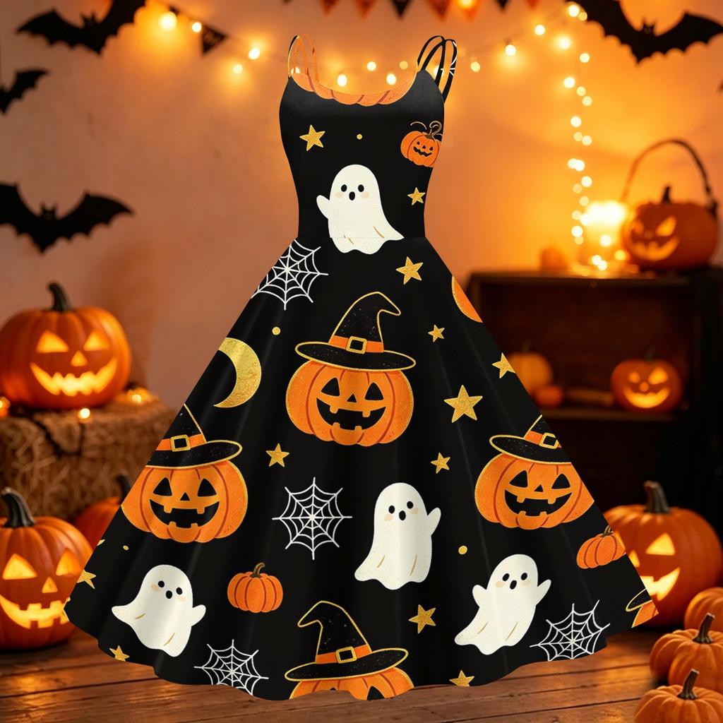 Women Halloween Printed Off Shoulder Vintage Punk Dress Sleeveless Swing Dress Party Dress with Adjustable Straps