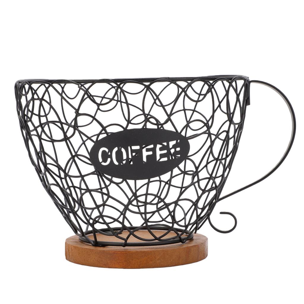 Coffee Pod Holder Organizer Metal Coffee Capsule Storage Basket with Wood Base for Kitchen Countertop