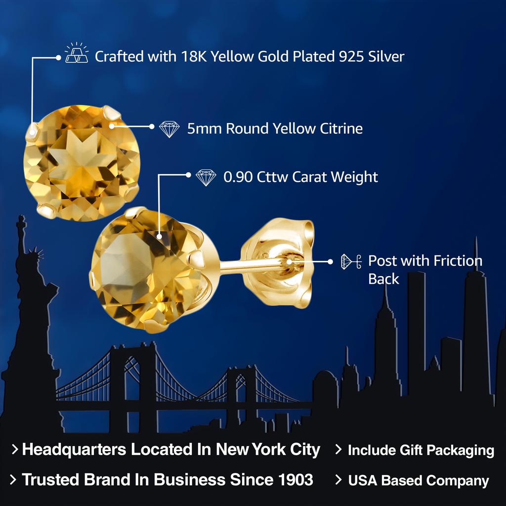 Gem Stone King 0.9 Carat Natural Citrine Earrings for Women, 925 Sterling Silver, 18K Yellow Gold, Hypoallergenic, November Birthstone, Birthday Gift