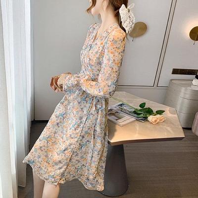Autumn 2022 Korean V-Neck Floral Long Dress for Students