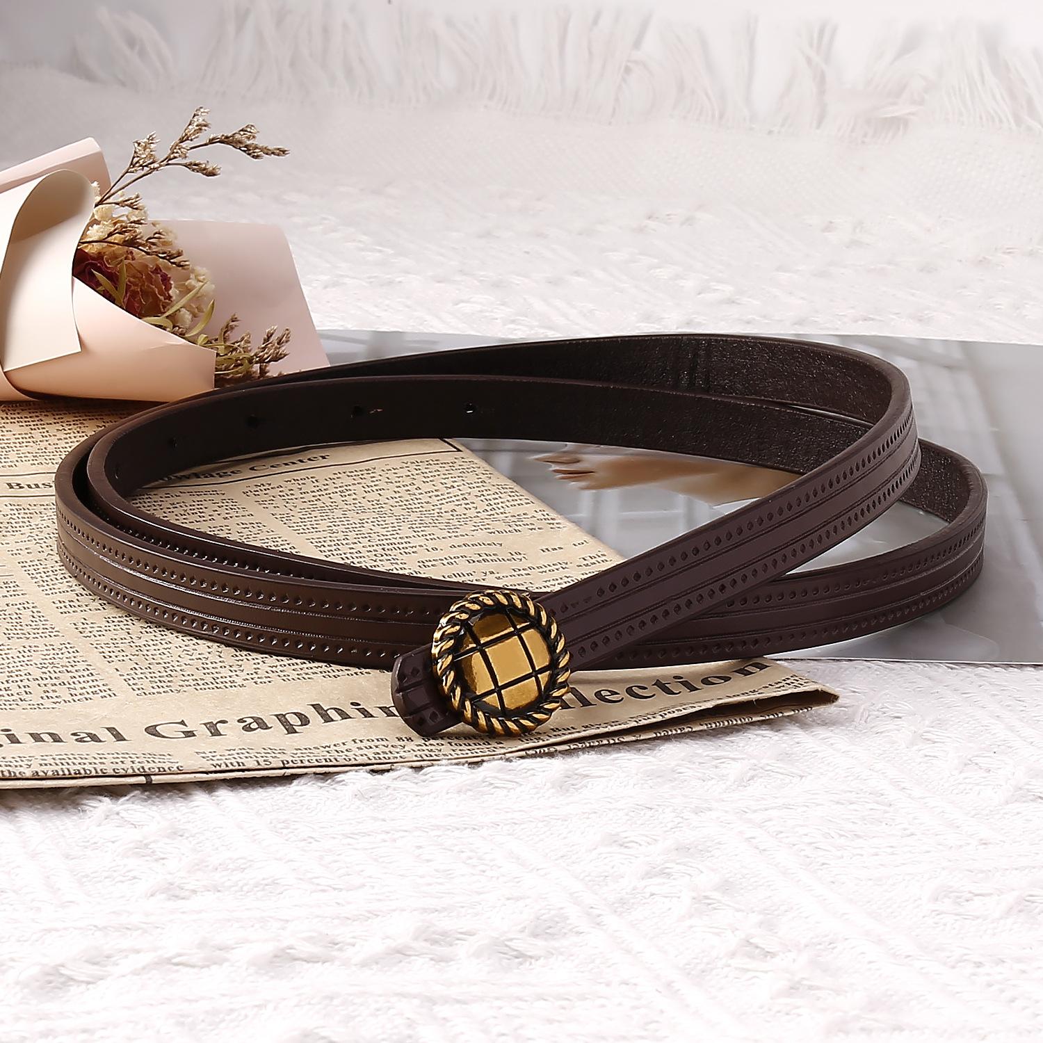

Женский ремень с круглой пряжкой, женский ремень из искусственной кожи с перфорацией, тонкий ремень для джинсов и юбки 102 темно-коричневого