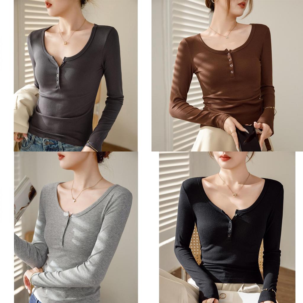 T Shirt Women Long Sleeve Slim Fit Pure Cotton Ribbed Fabric For Autumn Winter Style