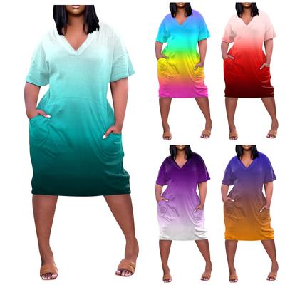 2022 Women's Summer Plus Size V Neck Short Sleeve Knee Pocket Casual Dress