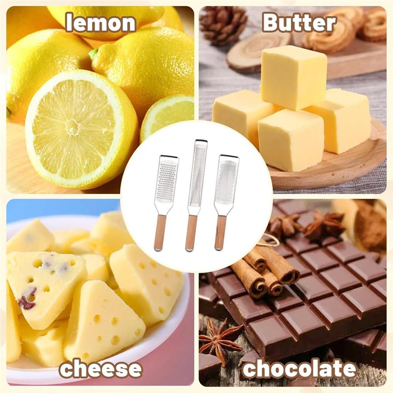 A95I-Metal Lemon Zest Grater Set Of 3PCS For Kitchen, Stainless Steel Handheld Cheese Zester Grater With Wood Handle