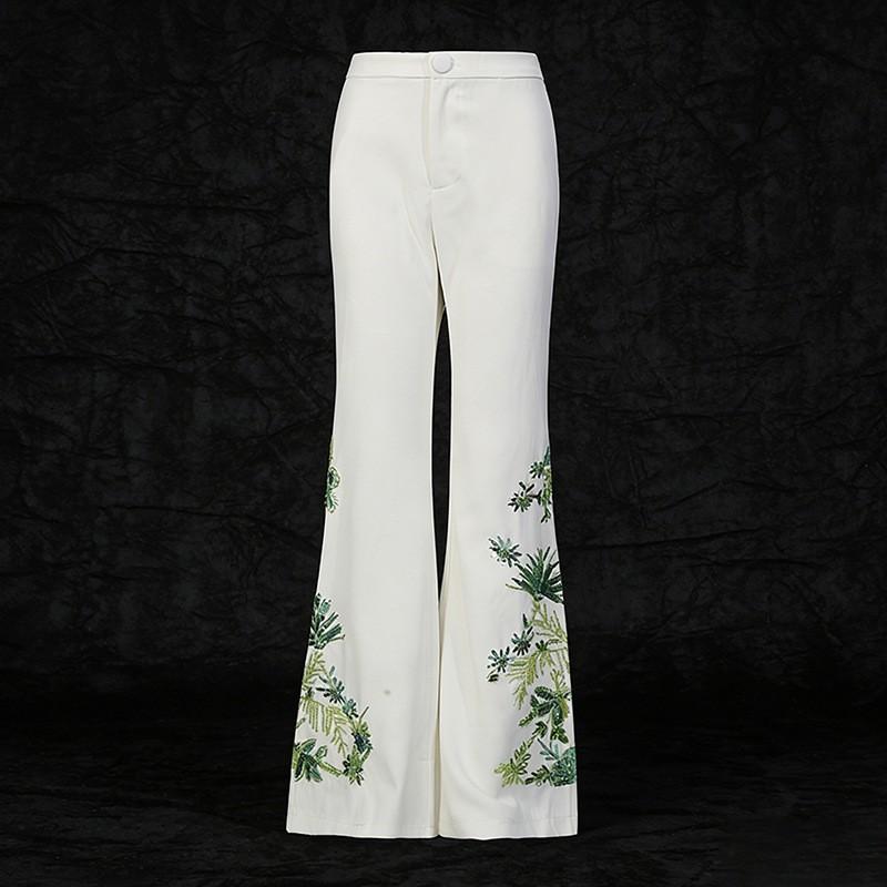National Style Retro Printed Suit Women's Letter Collar Loose Long-sleeved Top + Mid-waist Slimming Micro-pants