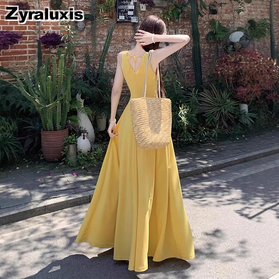 Beach Vacation Yellow Halter Dress New French Style Cute Unique Beautiful Fitted Long Sleeve Women's Summer