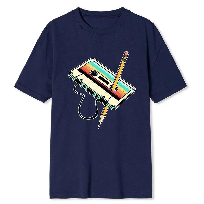 Men Short Sleeve Cassette Tape Pencil 1980s Retro Vintage Throwback Music T-Shirt Women Clothing Vintage T Shirt Camisetas