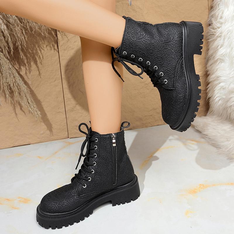 Fashion Flower Figure Thick Sole Short Boots Women Fashion Lace Up Platform Ankle Boots Woman 2025 Side Zipper Pu Leather Booties Mujer