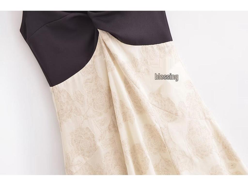 2025 Spring Women's European & American Style Color Block Jacquard Spaghetti Strap Long Dress