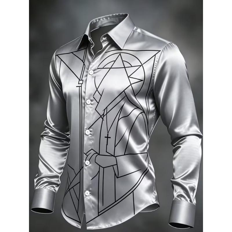 New Crown Lion Baroque Floral 3D Printed Long Sleeved Shirt with a Smooth Drape and Satin Lapel for Men