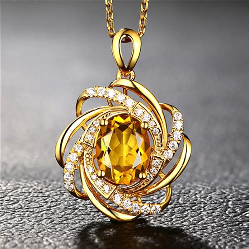

Huitan Gorgeous Flower Pendant Necklace with Blue Yellow Cubic Zirconia Aesthetic Wedding Accessories Trendy Jewelry for Women 45cm
