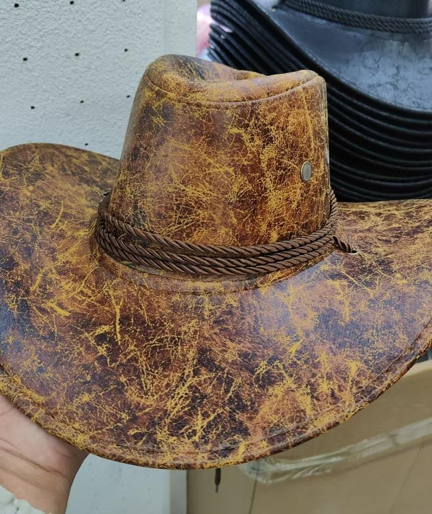 New Cowboy Hat Unisex Faux Leather Sunhat Wild Brim Panama Hat Visor Hats Sombrero De Vaquero Occidental
