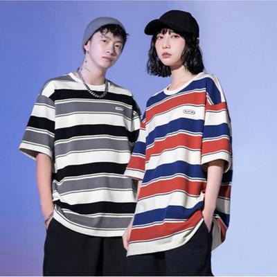 Baumwoll-T-Shirts für Männer und Frauen, Sommer, kurzärmelig, lässig, kontrastfarben, gestreift, Paar-Oberteile, Unisex, lockeres, weiches T-Shirt mit O-Ausschnitt