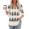 Womens 3/4 Sleeve V Neck Button Detail Geometric Floral Print Tunic Top Casual Lightweight Blouse