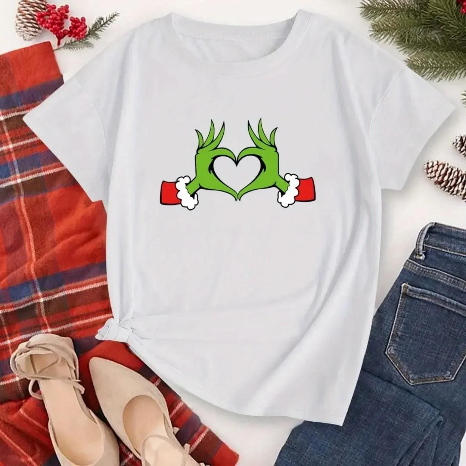 Christmas Casual T-shirt Women Plus Heart & Monster Print Short Sleeve Round Neck Top Fashion Christmas Gift S белый