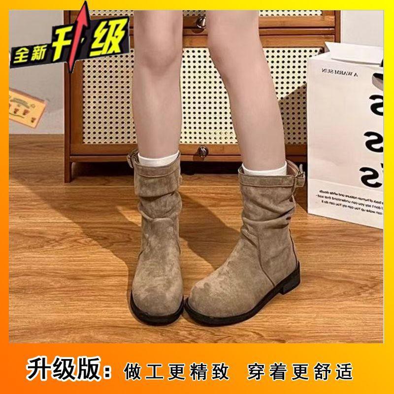 Single Boots Thin Sleeve Martin Boots Pile Boots Retro Medium Boots Women's 2025 Autumn and Winter New Flat Short Boots Women's