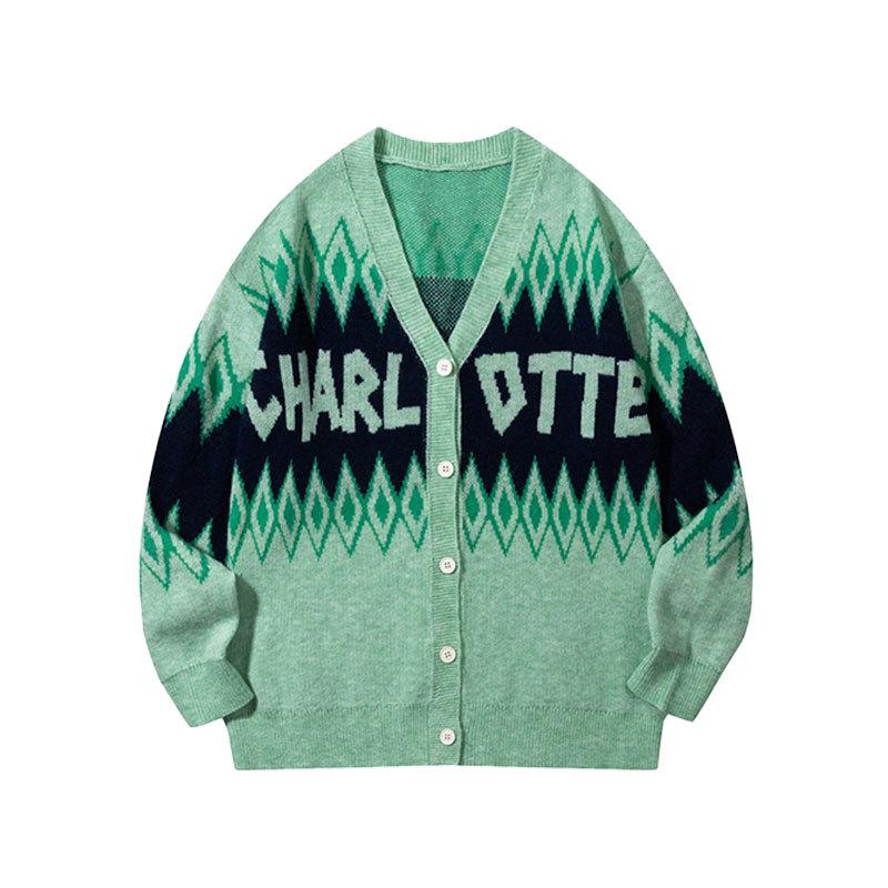

Andre Knit Cardigan: Retro Fair Isle Argyle, Casual Unisex Outerwear Top Large зелений