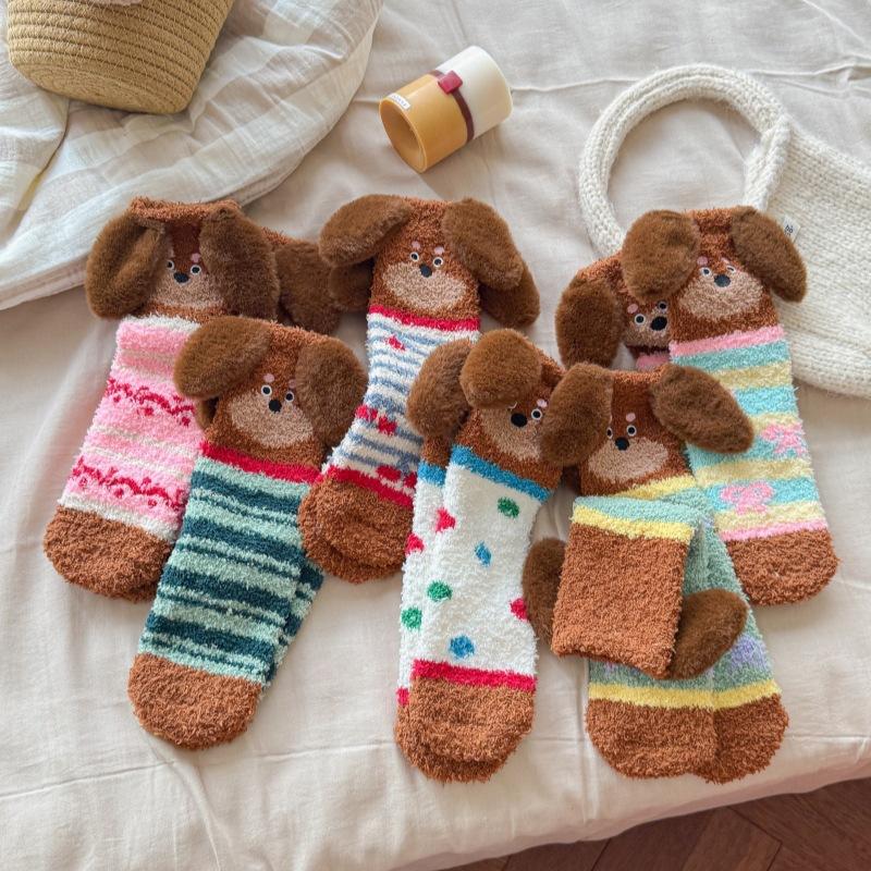 Cartoon Sausage Dog Coral Fleece Socks For Women Middle Tube Thickened Sleep Socks Home Floor Socks