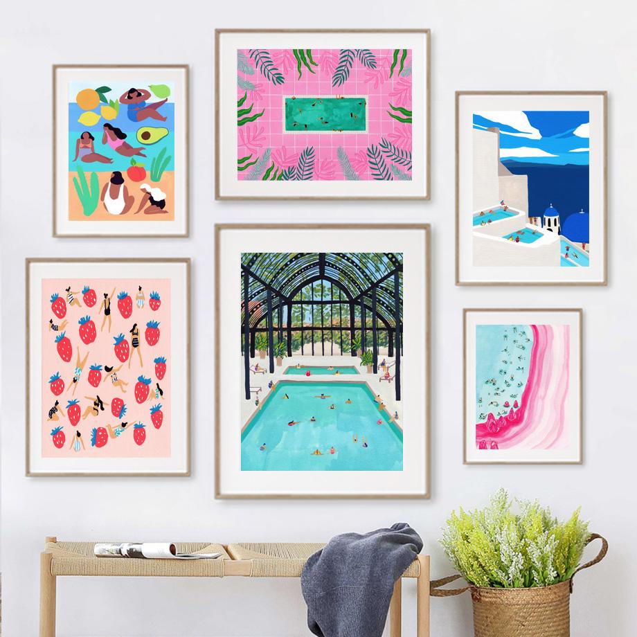 Tropical Morocco Beach Swim Pool Santorini Abstract Art Canvas Painting Posters and Prints Wall Pictures for Living Room Decor No Frame