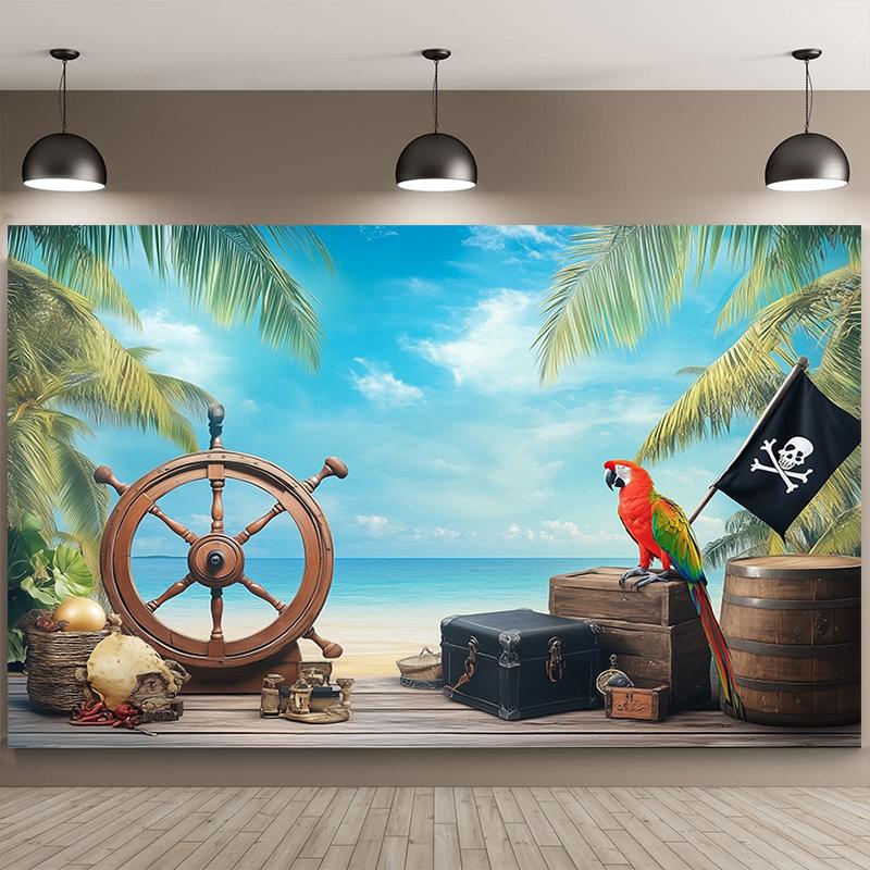 1 Pirate Treasure map background - Sea theme party banner with treasure chest parrot and wooden wheels Pirate birthday 100x150cm